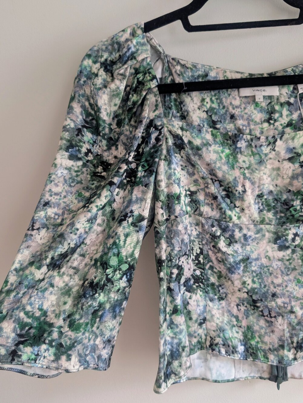NWT Vince Painted Floral Square-Neck Blouse Multicolor 3/4 Puff Sleeve Sz 0